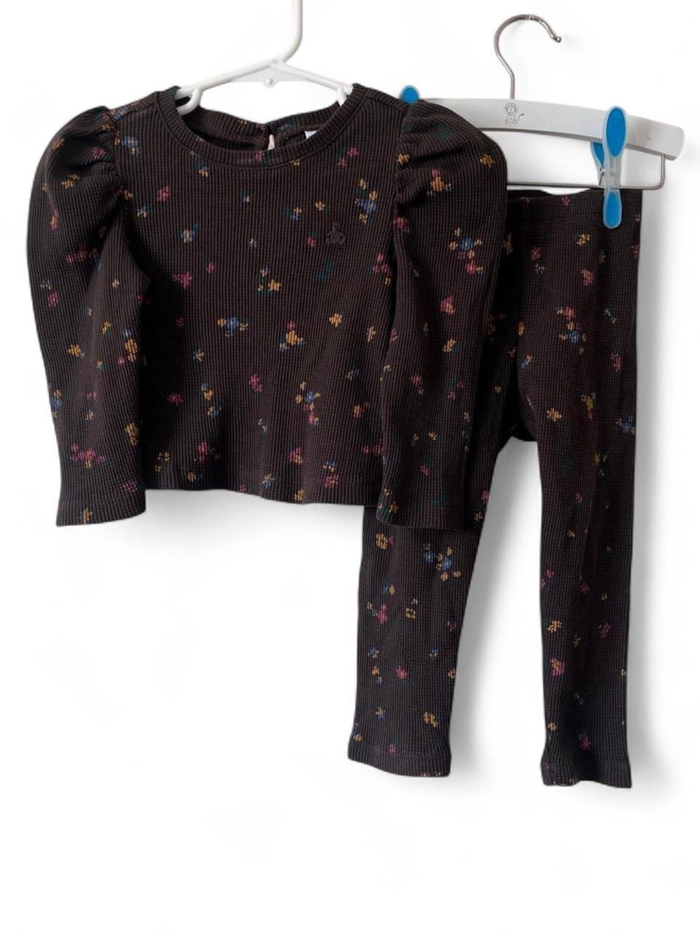 18-24M Girls GAP 2 Piece Set Long Sleeve & Pants Brown Ditsy Floral Waffle Knit